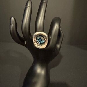UNO de 50 Silver Ring with Deep Blue Emerald-Cut Crystal Size 8.5